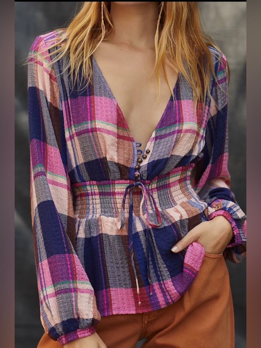 Anthropologie Pilcro Plaid Deep-V Peplum Blouse Pink Navy Blue M Boho Festival